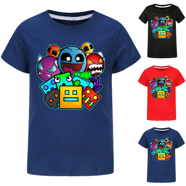 Barn Geometry Dash Pojkar Flickor Sommar Casual Kortärmad T-shirt bomull Toppar Present Navy blue 160cm