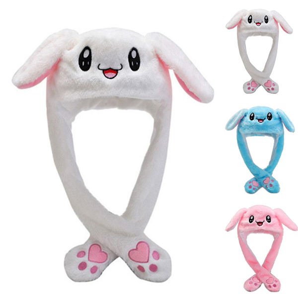 Plush Kaninhatt med Rörliga Öron Vintervarm Present White Rabbit