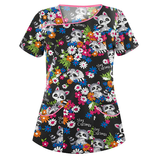 Dam Cartoon-tryckt Medicinsk Uniform Sjukvård Skrubb T-shirts Toppar Blus Tee #3 L