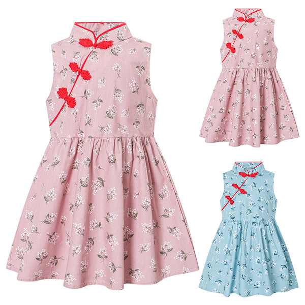 Flickklänning Blomstertryck Qipao Ärmlös Cheongsam Klänningar Prinsessa Födelsedagsfest Kostym 1-6 År Pink 90cm