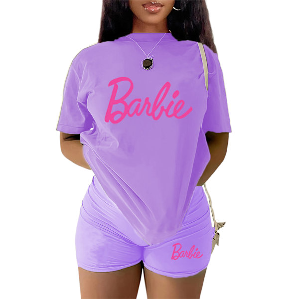 Naisten verryttelypuku, 2-osainen Barbie-urheilupuku, lyhythihainen toppi, T-paita ja shortsit, rento kesäurheiluvaatetussetti Purple XL