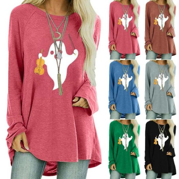 Dam Halloween-tryckt Långärmad T-shirt Blus Casual Basic Green 2XL