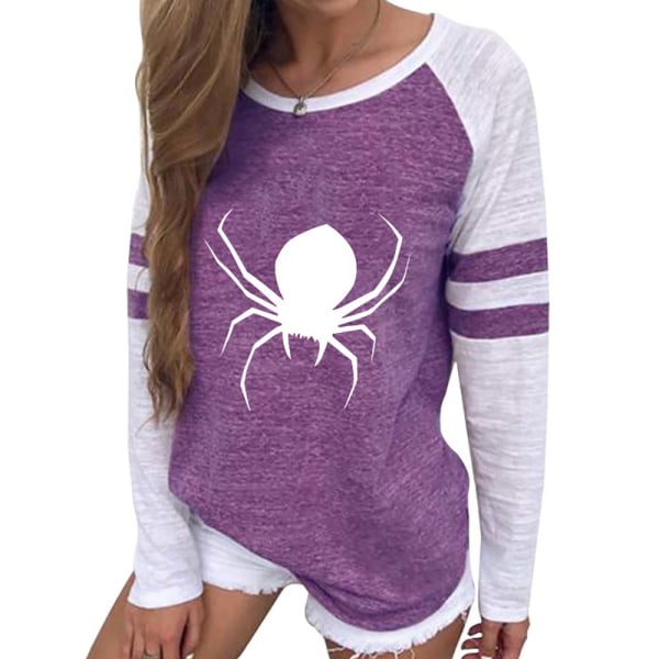 Dam T-shirtblus med tryck, långärmad, ledig topp Purple XL