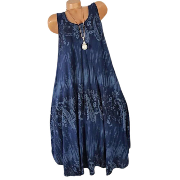 Damtryckt ärmlös klänning Sommarklänning Strand Lång Semesterklänning Navy blue 2XL