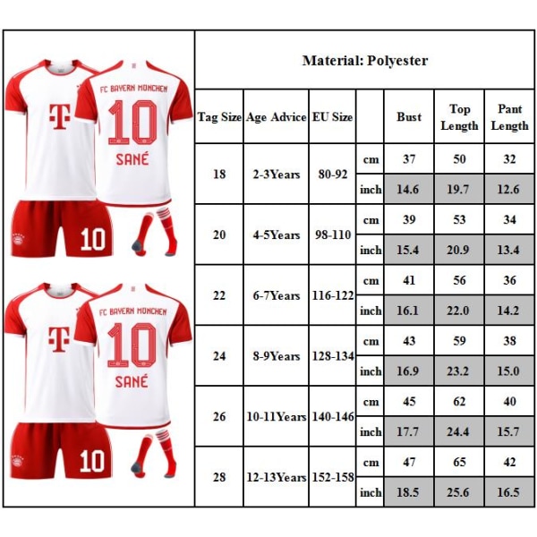 2324 Bayern Hem fotbollströja nr 10 Sane jersey set Fotbollskläder för barns lag Uniform tröja set 20