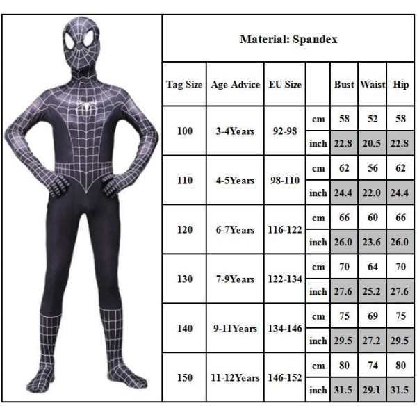 Barn svart Spiderman kostym Halloween Jumpsuit Cosplay Mask Set 110cm