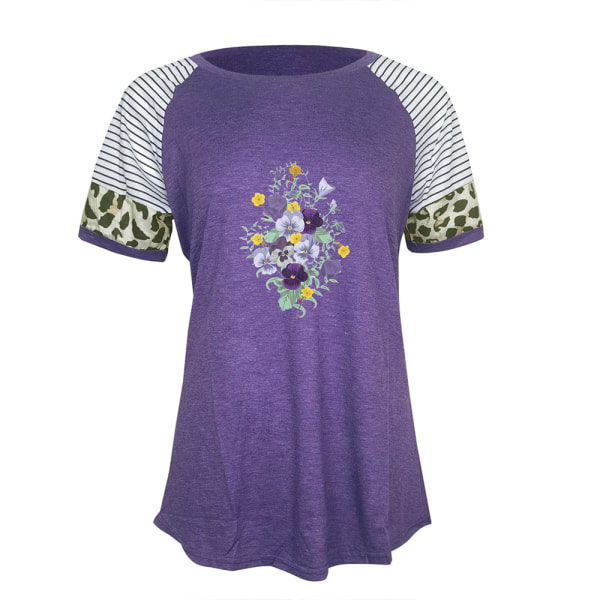 Dam Sommar Blommig T-shirt Toppar Leopard Casual Blus Tee Light Grey M