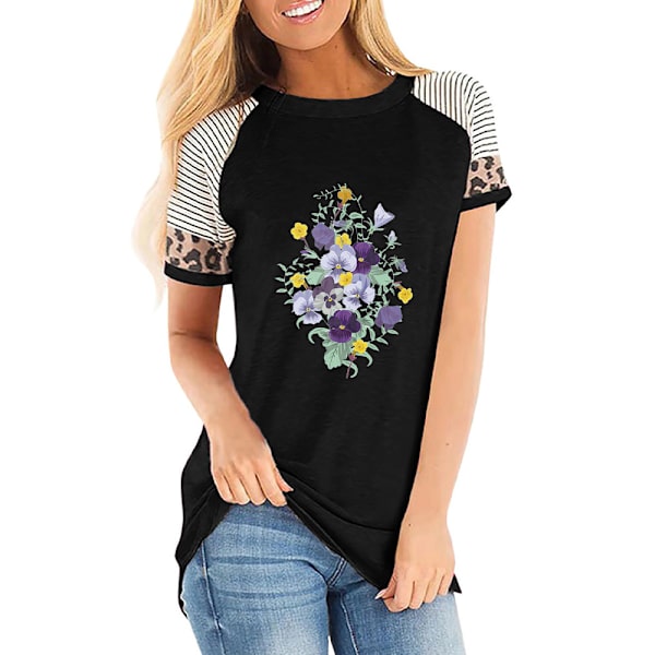 Dam Sommar Blommig T-shirt Toppar Leopard Casual Blus Tee Black L