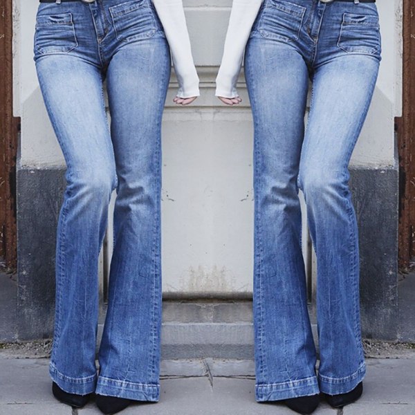 Dam 70-tal Trendiga Slim Fit utsvängda Bell Bottom jeansbyxor blue XL