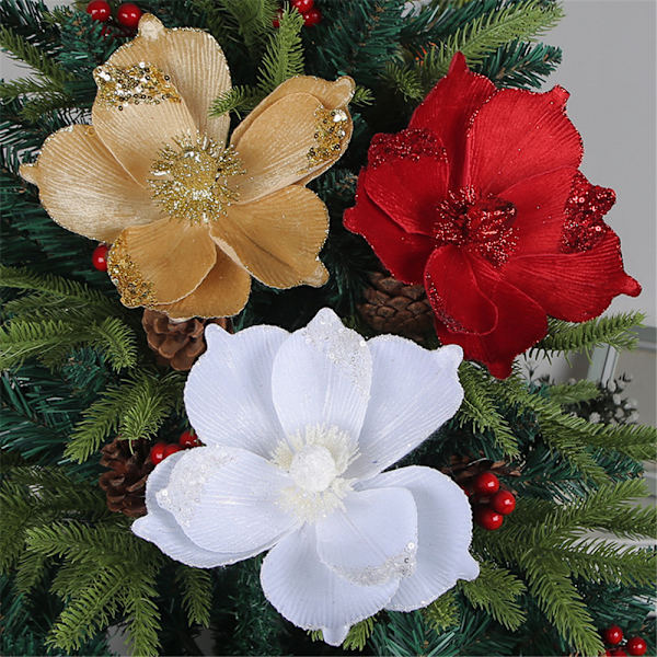 Stora Glittrande Julblommor Konstgjorda Vikbara Julgransblommor Dekoration Julgran Nyårsfest Bröllopsdekoration Red