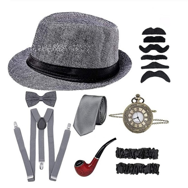 1920-tals herrkläder Gatsby fedora hattglasögon Party Accessoarer grey