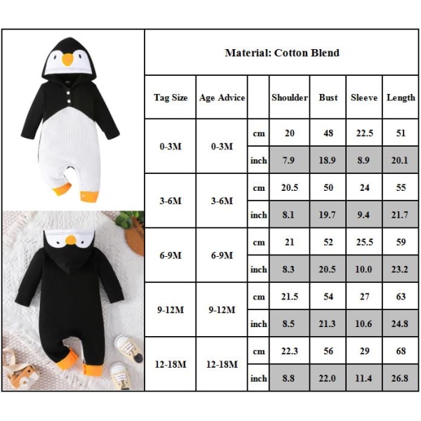 Pingvin Pojkar och Flickor Bodysuit Nyfödd Hooded Jumpsuit Julklapp 9-12M