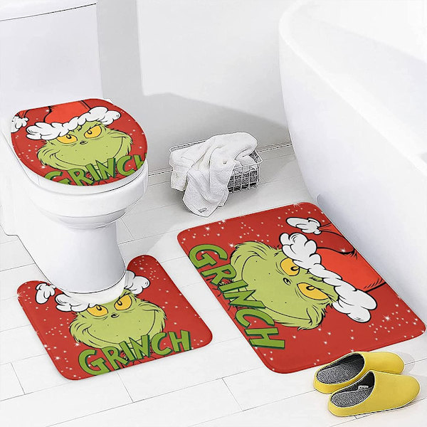 4 stk./sæt Julebadeværelse Bruseforhæng, Bademåtte, Sokkelmåtte, Toiletlåg A