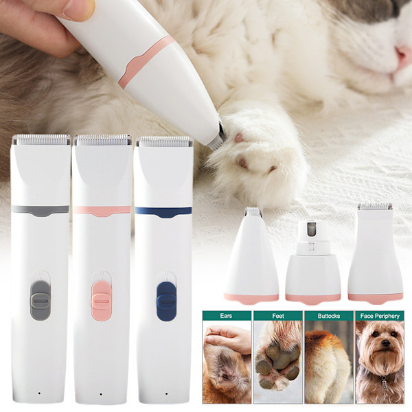 4-i-1 Elektrisk Klippemaskin for Kjæledyr Hund Kattehår Barbermaskin Trimmer Med 4 Blader Pink