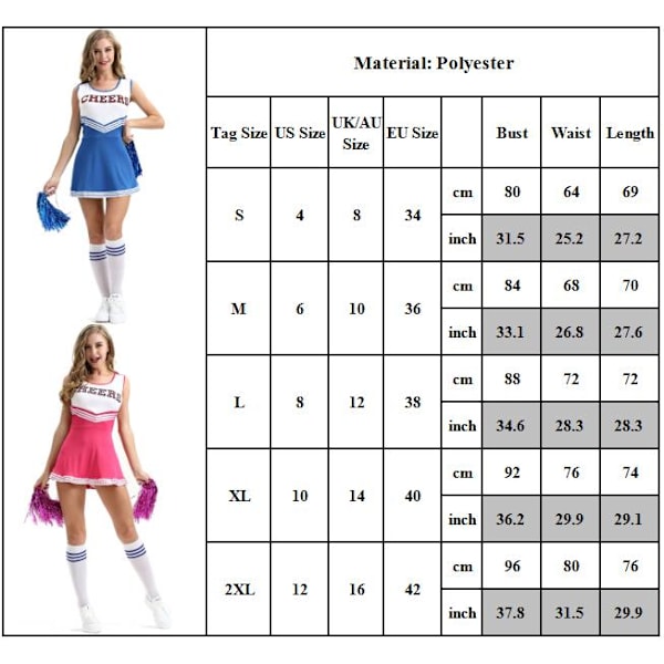 Cheerleader-kostym för kvinnor, festdräkt, high school-kostym med pomponer Blue M