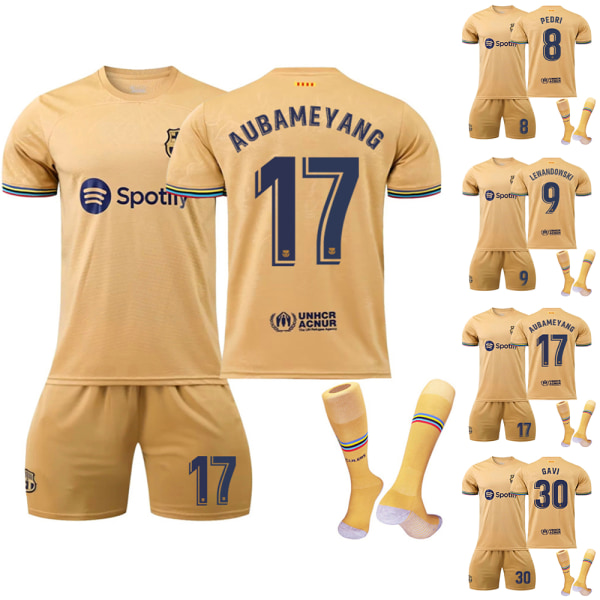 Barn Barcelona borta nr 30 Garvey nr 9 Lewand 8 Pedri Jersey Set Sportswear Skjorta Shorts Strumpor Outfits #9 24