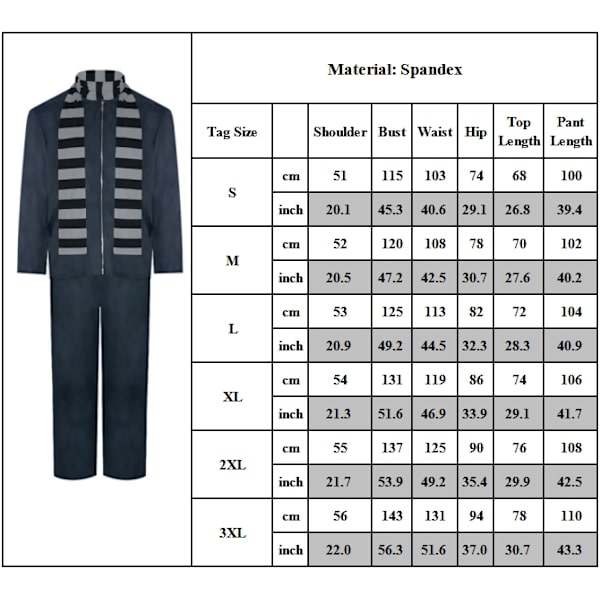 Gru Kostume Sort Grå Stribet Halstørklæde Halloween Rollespil Tilbehørssæt til Voksne Mænd 2XL