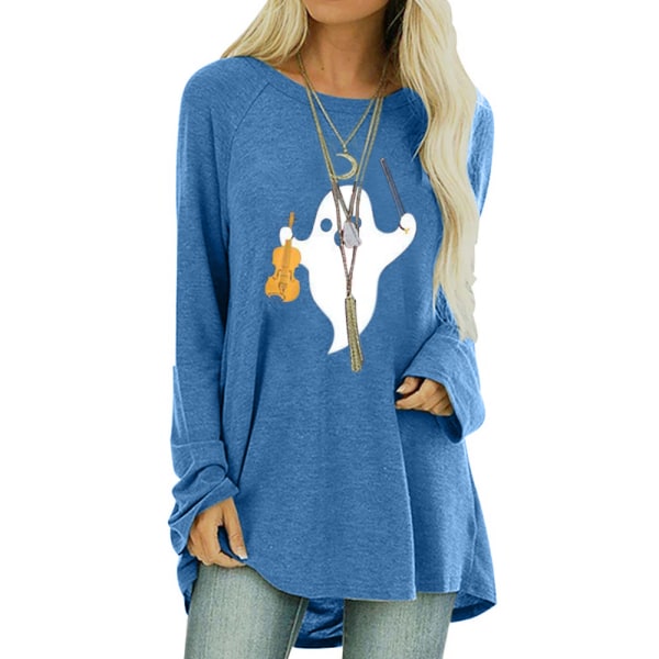 Dam Halloween-tryckt Långärmad T-shirt Blus Casual Basic Blue L