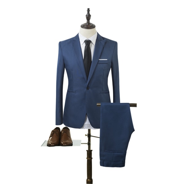 Man Business Slim Blazer Kostym Coat Långbyxor Formell Set Light Blue 2XL