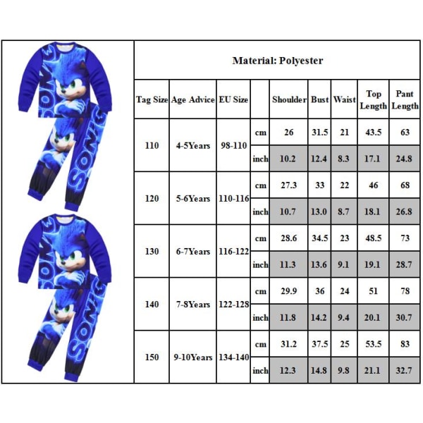 Sonic The Hedgehog Pyjamas för Pojkar 2 Delar Pyjamasset Nattlinne för Barn 110cm