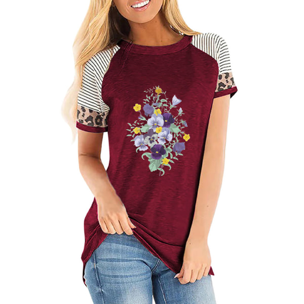 Dam Sommar Blommig T-shirt Toppar Leopard Casual Blus Tee Wine Red XL