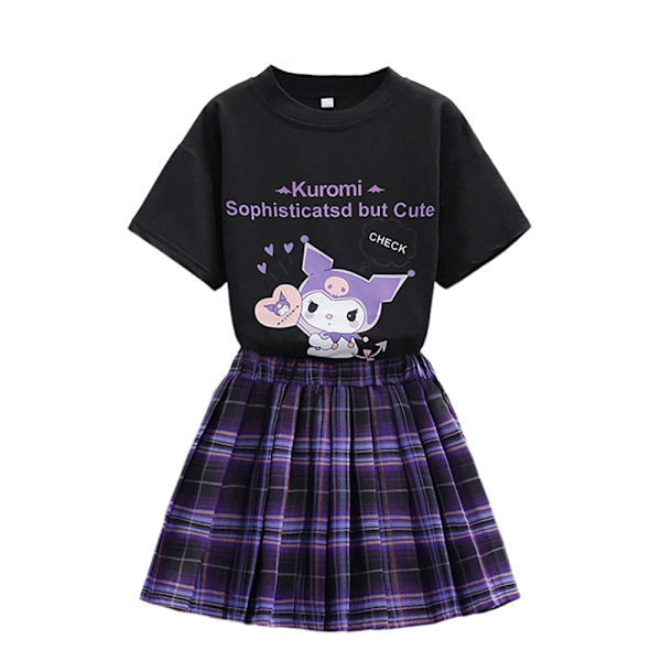 Kuromi Tyttöjen Jk College -tyylinen lyhythihainen toppi laskostettu hame kesäinen T-paita lyhyt hame -setti Black 130cm