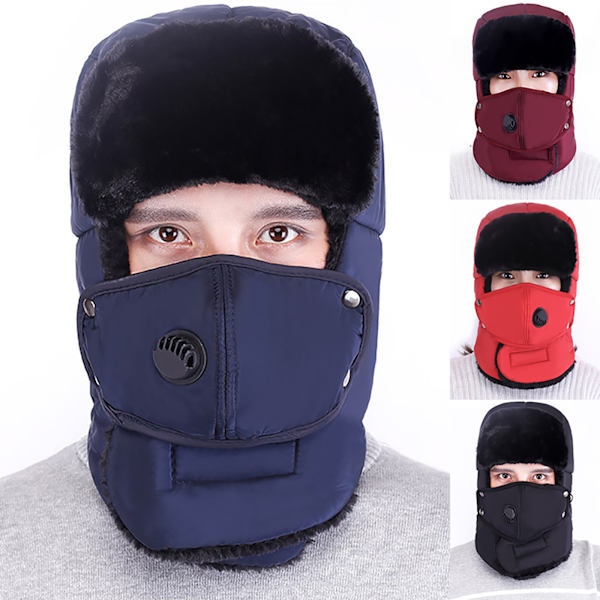 Herr Trapper Aviatorhatt Vinter Varm med Mask Öronlapp Mössa Dark Red