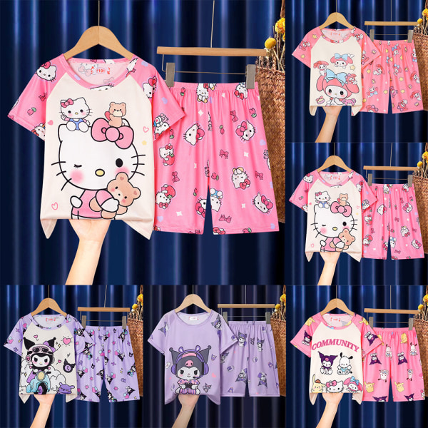 Sanrio Pyjamas för Flickor Kortärmad T-Shirt Shorts Set Sommar Nattkläder Ålder 4-12 År #1 5-7Years