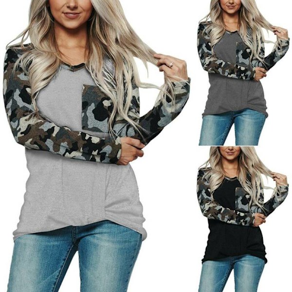 Kvinnor Långärmad Kamouflage Militär T-shirts Höstblus Casual Dark Gray M