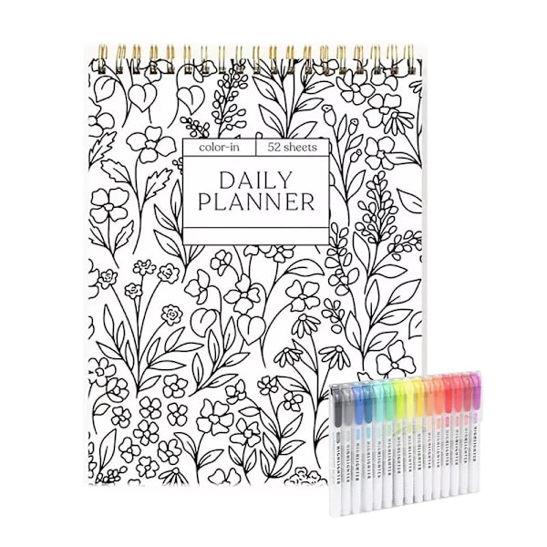 Spiralnotesbog og daglig planlægger med farvelægning og 15 farvemarkører til kontoret Daily Planner + Pen