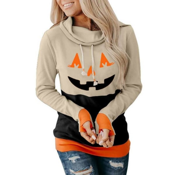 Dam Långärmad Halloween Pumpa Tröja med Huvtröja Orange M