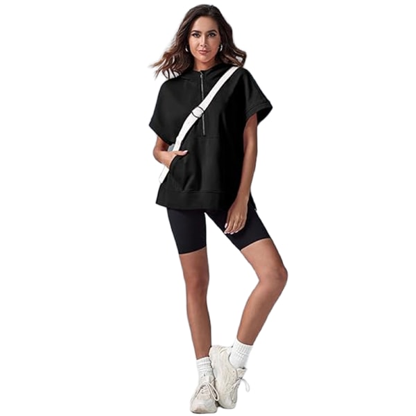 Kvinnors halv dragkedja huvtröja kortärmad pullover topp sommar oversized sporttröja med fickor 2024 Black XL