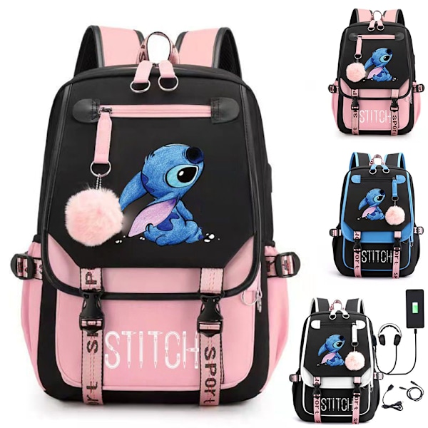 Cartoon Stitch Barnryggsäck för Pojkar och Flickor Usb Reseryggsäck Studenter Skolväska Black White 29*16*46cm