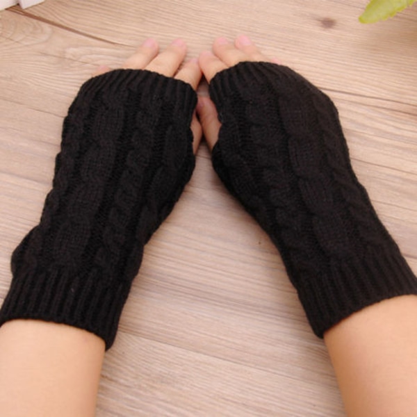 Vinterstickade Vantar för Kvinnor, Fingerlösa Halvfingervantar, Mysiga Black twist