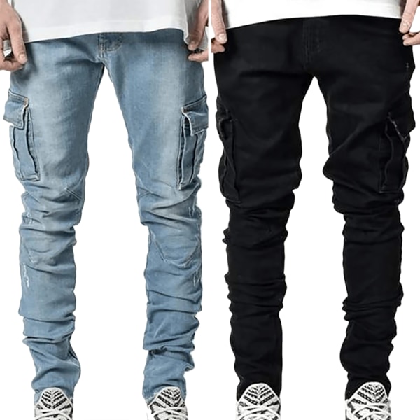 Mäns Enfärgade Slim Fit Jeans Jeansoveraller Black 3XL