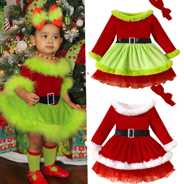 Julklänning för små flickor, Santa-klänning, långärmad, sammet, med bälte, festlig prinsessklänning, söt babyklänning med volanger Red 12-18M