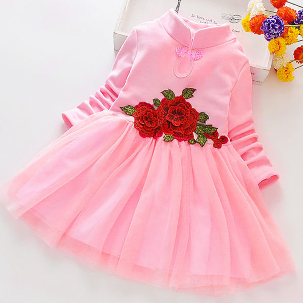 Flickor Barn Bröllop Fest Bal Swing Tutu Klänningar Långärmad Prinsessklänning Pink 90cm