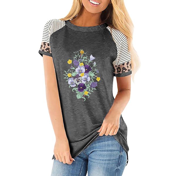 Naisten kesäkukkainen T-paita toppi leopardi rento pusero Dark Grey 3XL