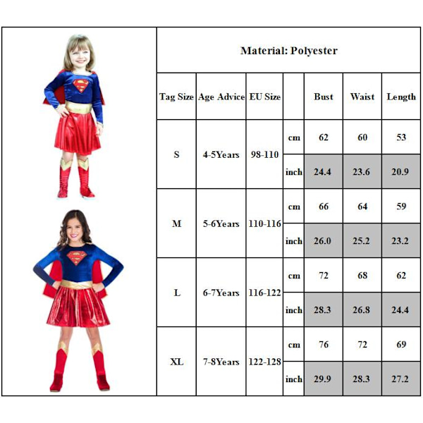 Supergirl-lasten naamiaisasu, supersankariasu, tyttöjen cosplay M