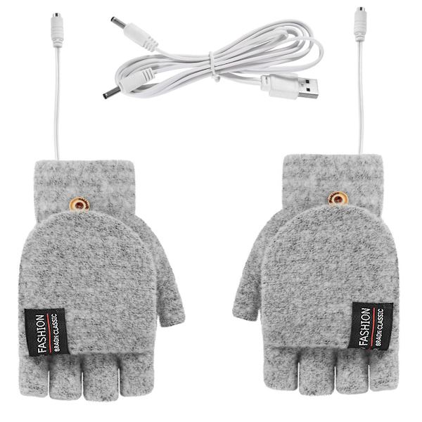 USB Elektrisk Vante Vintervarmer Opvarmet Handske Halv Finger Handske light grey