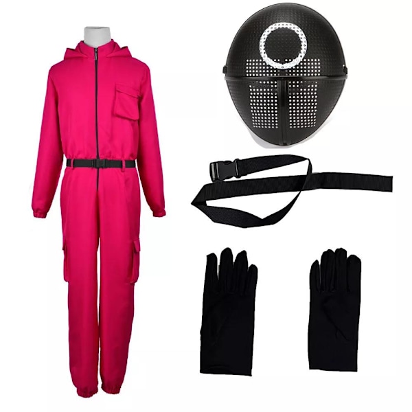 Squid Game 2 NPC-kostym Cosplay Rekvisita Jumpsuit och Bälte Outfit Maskeraddräkt Rose Red+ Circular Mask M