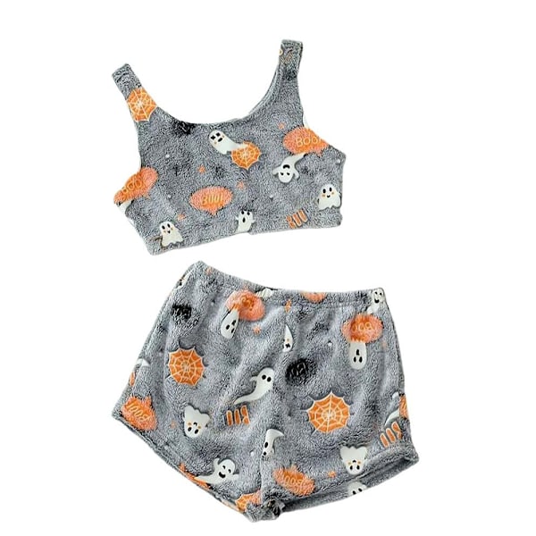 Läskig Väst Pyjamas Set, Dam Halloween Tryck Glöd I, Lysande Pyjamas Set för Spök Säsong, Flanell Väst Pyjamas Set Grey L