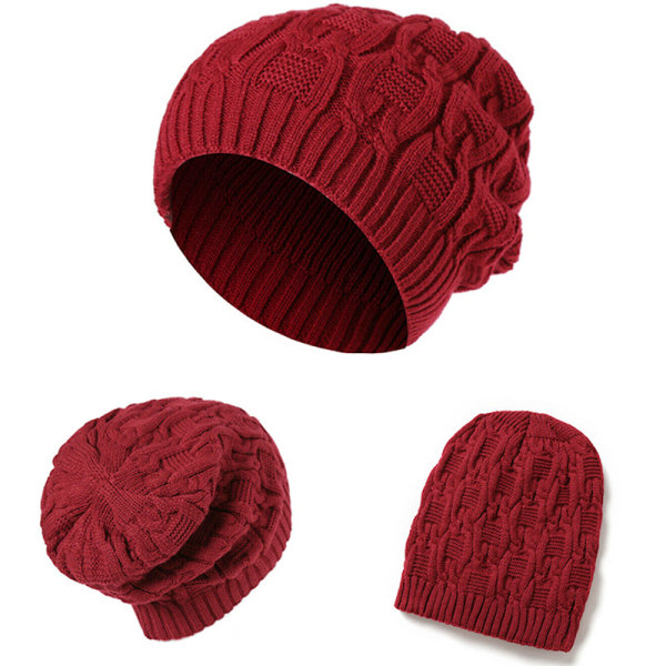 Casual Stickad Mössa Dam Vinter Mjuk Varm Stickad Beanie Hat maroon