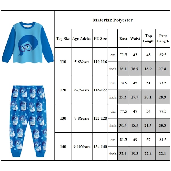 Inside Out 2 Pyjamas med långa ärmar, pyjamas set för barn, pjs nattkläder, fansgåva, blå 110cm