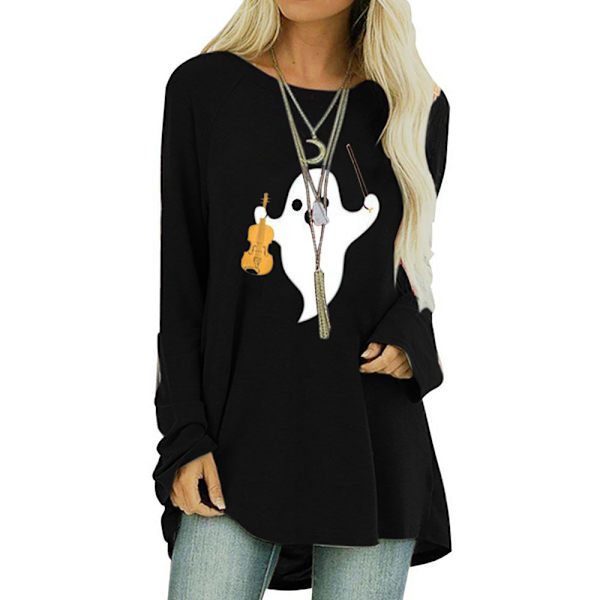 Dame Halloween-printet langærmet T-shirtbluse Casual Basic Black M