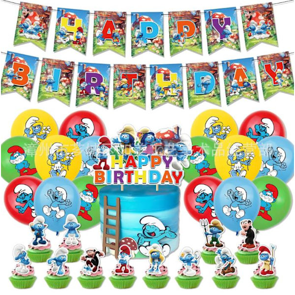 Smurffit-teemainen syntymäpäiväjuhlien koristelutarvikkeet Ilmapallot Kakun koriste Hyvää syntymäpäivää -bannerisetti