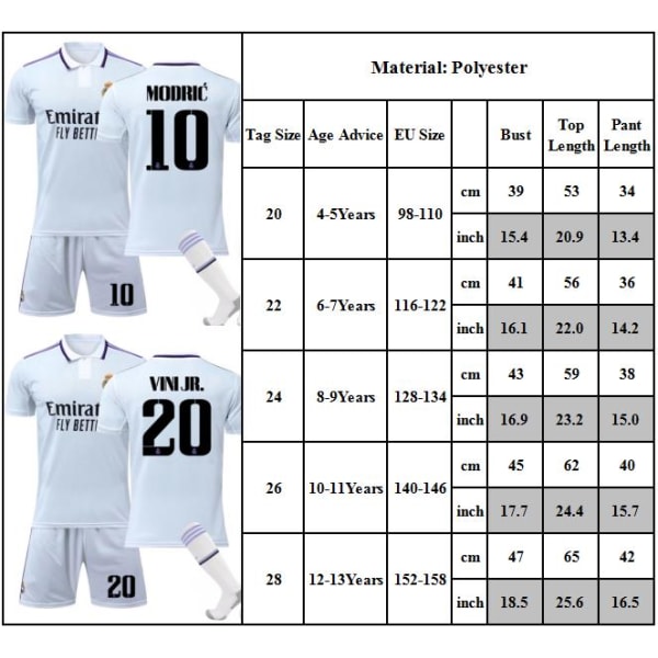 Real Madrid hemmatröja nr 9 Benzema fotbollströja nr 10 Modric Sportkläder Tröja Shorts Strumpor Set #10 20