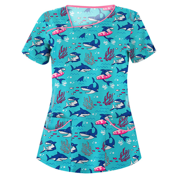 Dam Cartoon-tryckt Medicinsk Uniform Sjukvård Skrubb T-shirts Toppar Blus Tee #8 S