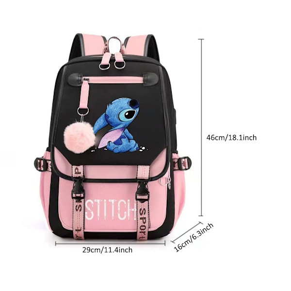 Cartoon Stitch Barnryggsäck för Pojkar och Flickor Usb Reseryggsäck Studenter Skolväska Black White 29*16*46cm
