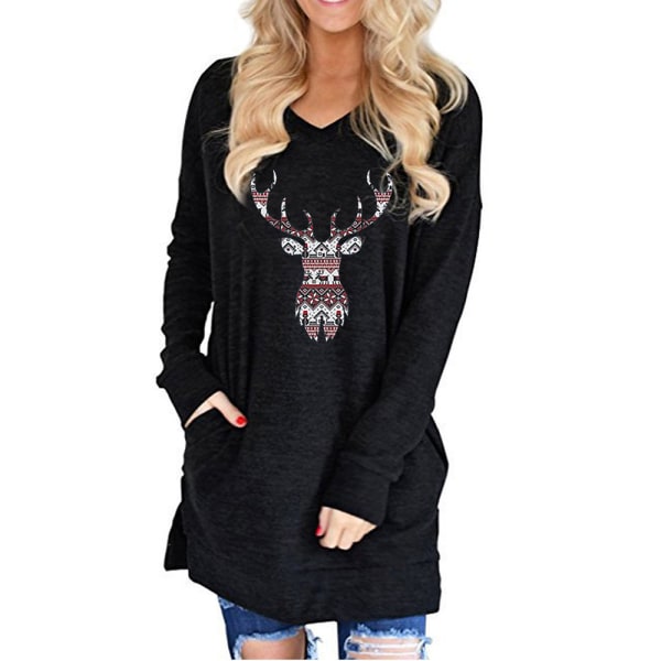 Dam Jul Ren T-shirt V-ringad Långärmad Tröja Black XL